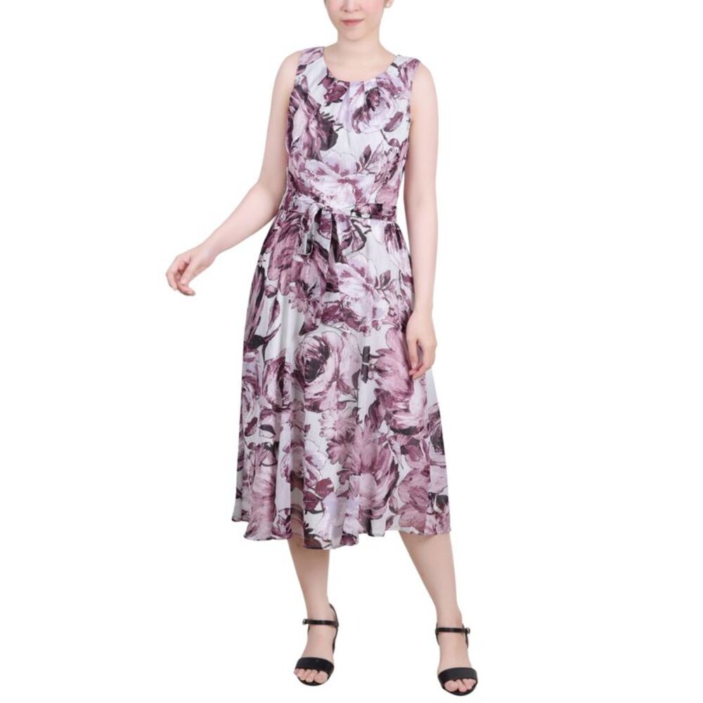 NY Collection Petite Sleeveless Chiffon Belted Dress